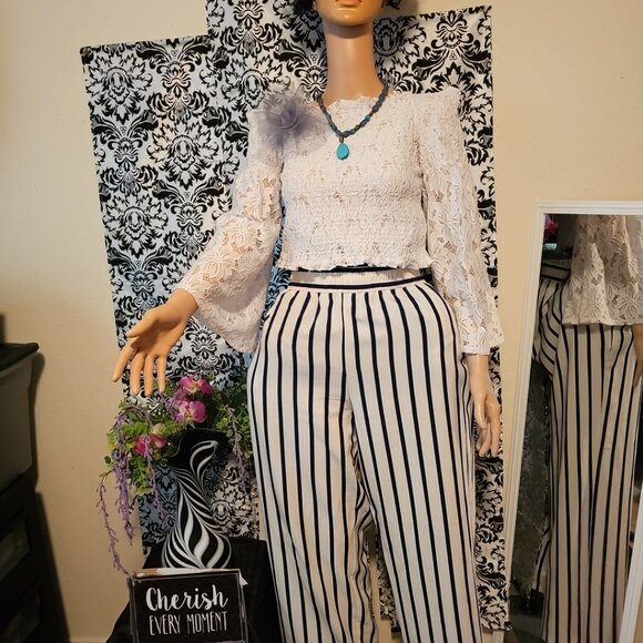 Striped navy blue and off white pants 1X 14/16 - Picture 6 of 6